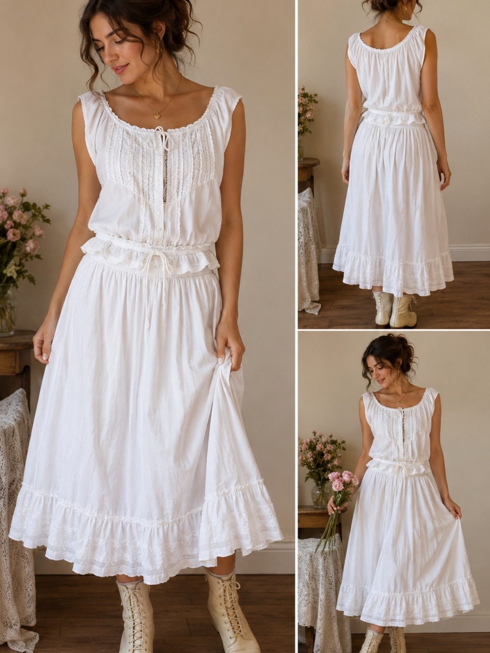 Hopeless Romantic White Cotton Boho Peasant Top & Skirt Set L/XL Cottagecore